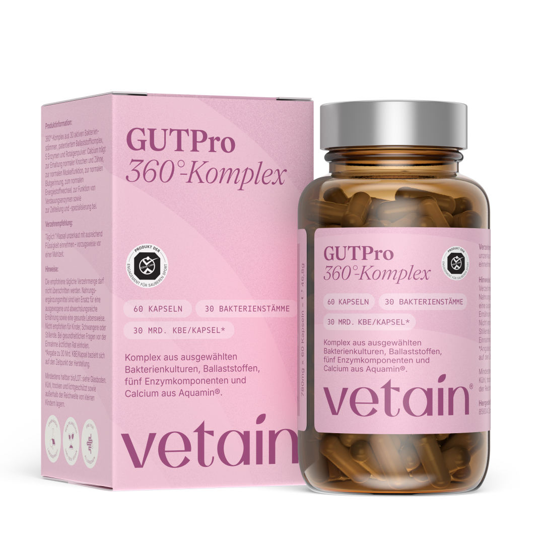 Vetain GUTPro 360° Complex - pink product box and amber glass jar with 60 capsules, 30 bacterial strains, and 30 billion CFU per capsule, on a white background.