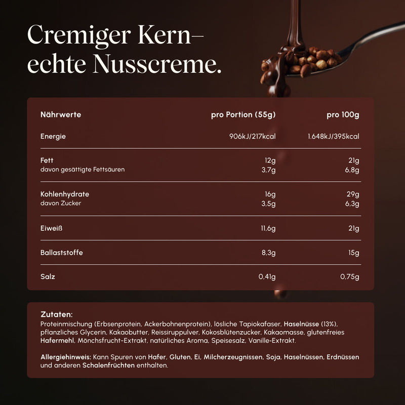 Nährwerte-Grafik „Cremiger Kern – echte Nusscreme.“ zum Vetain Creamy Nuss-Nougat Protein Bar: pro Portion (55 g) 217 kcal, 11,6 g Eiweiß, 8,3 g Ballaststoffe, 3,5 g Zucker. Darunter Zutatenliste mit Allergenhinweis, oben ein Löffel mit Schokolade und Haselnüssen.