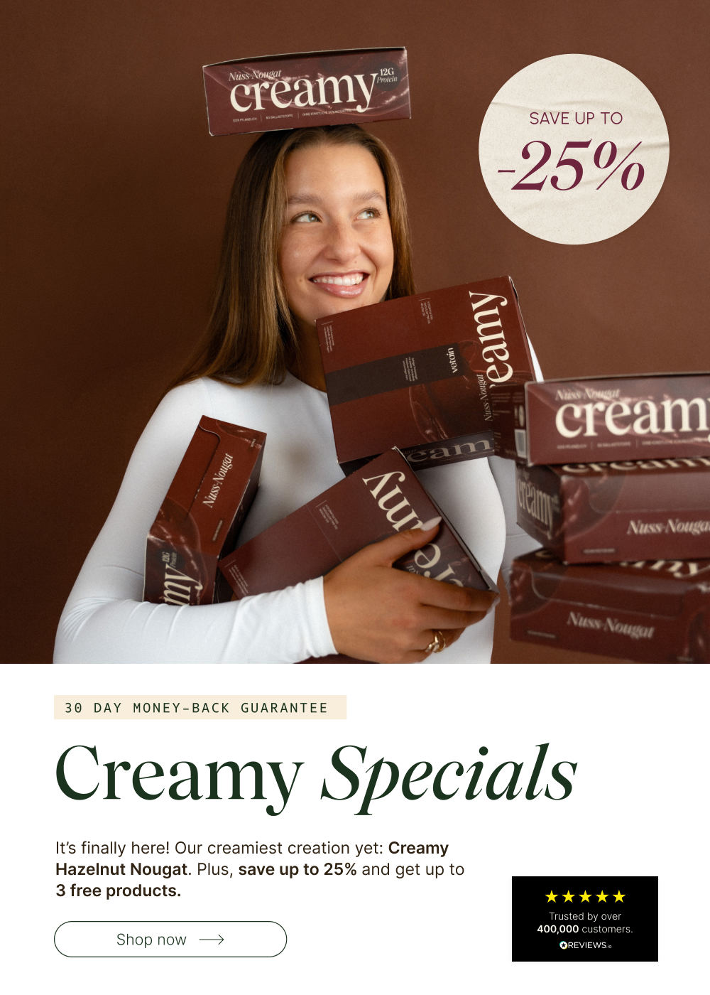 Vetain Creamy Specials banner: smiling woman holding several Creamy Hazelnut Nougat boxes, with up to 25% off and a 30-day money-back guarantee.