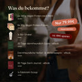 Übersicht „Was du bekommst?“ zum Vetain 30 Tage Herbst-Starterset: 2× 540 g Vegan Protein nach Wahl, 8× 30 g Proben, 1× Vetain Shaker, 30 Tage darmfreundlich Guide (eBook), Darmfreundliche Herbst- & Winterrezepte (eBook), 30 Tage Darm Journal (eBook), 1× Edelstahl-Scoop. Preis: nur 79,99 € statt 163,95 € – ca. 84 € sparen.