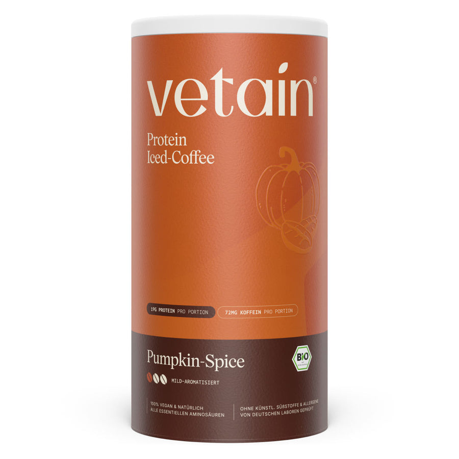 Vetain Protein Iced-Coffee Pumpkin-Spice (Organic) container front, mildly flavored. Labels: 19 g protein per serving, 72 mg caffeine per serving, 100% vegan & natural, free from artificial sweeteners & allergens, tested by German laboratories.