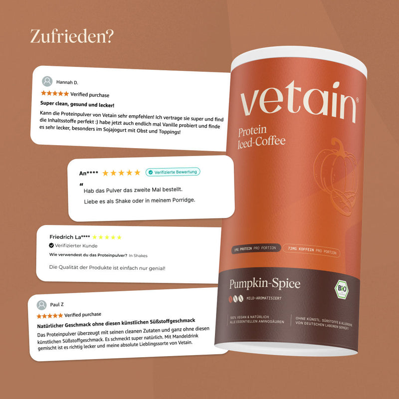 Kundenbewertungen-Grafik „Zufrieden?“ mit vier 5-Sterne-Rezensionen zum Vetain Protein Iced-Coffee Pumpkin-Spice neben der Produktdose.