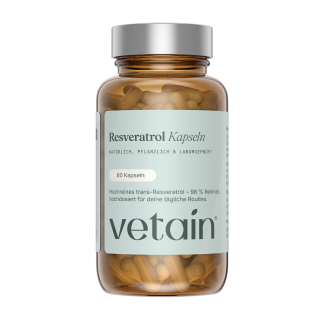 Vetain Resveratrol Kapseln im Braunglas mit Silberdeckel – 60 vegane Kapseln mit 98 % trans-Resveratrol