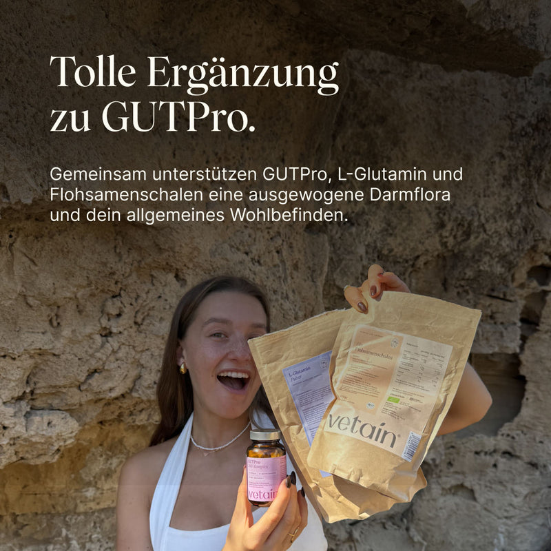 Vetain Bio-Flohsamenschalen als tolle Ergänzung zu GUTPro. Gemeinsam unterstützen GUTPro, L-Glutamin und Flohsamenschalen eine ausgewogene Darmflora und dein allgemeines Wohlbefinden