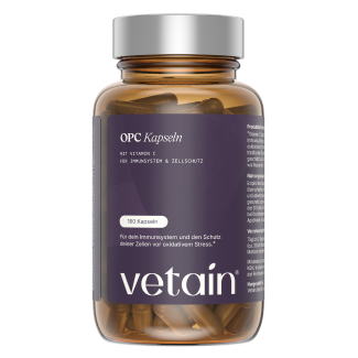 Freisteller Bild von Vetain OPC Kapseln in der dunkelvioletten Glasdose – mit Vitamin C, 180 Kapseln.