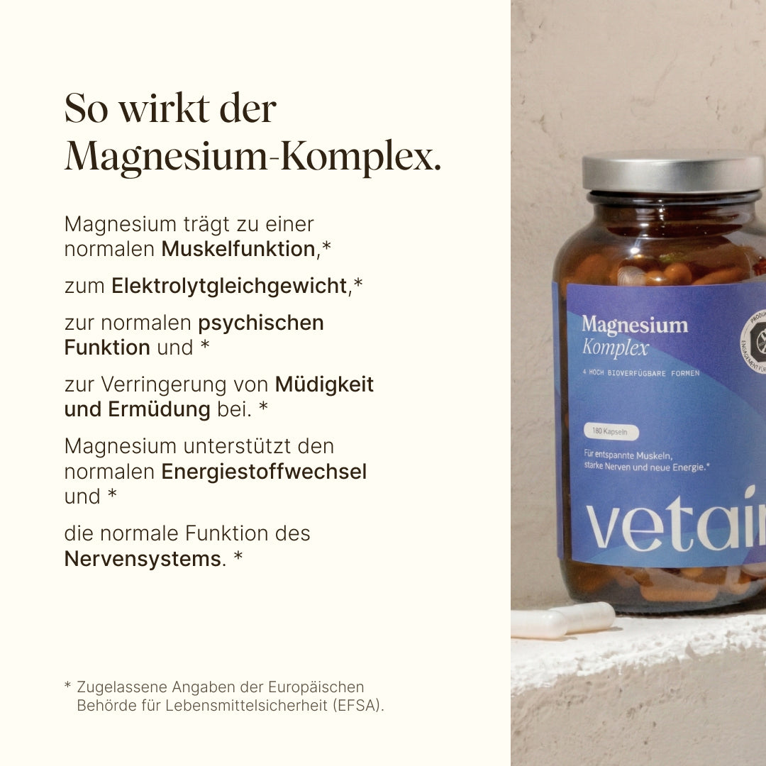 Vetain Magnesium Komplex im Vergleich mit anderen Marken. Aufzeigen von Benefits wie vegane Kapsel, frei von Füll-und Farbstoffen, laborgeprüft vs. Gelatine-kapsel, häufig mit zusätzlichen Füllstoffen