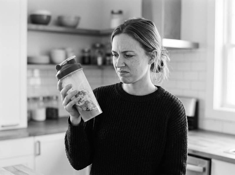 Frau skeptisch mit klumpigem Proteinshake