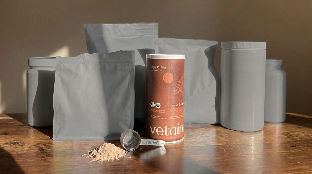 Vetain Vegan Protein im Vergleich zu herkömmlichen grauen Proteinen auf Holzküchentheke